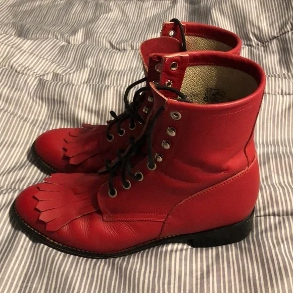 Vintage JUSTIN Boots RED Roper Size 5.5 D Style 503Y Registered NO. 73416 - Picture 3 of 16